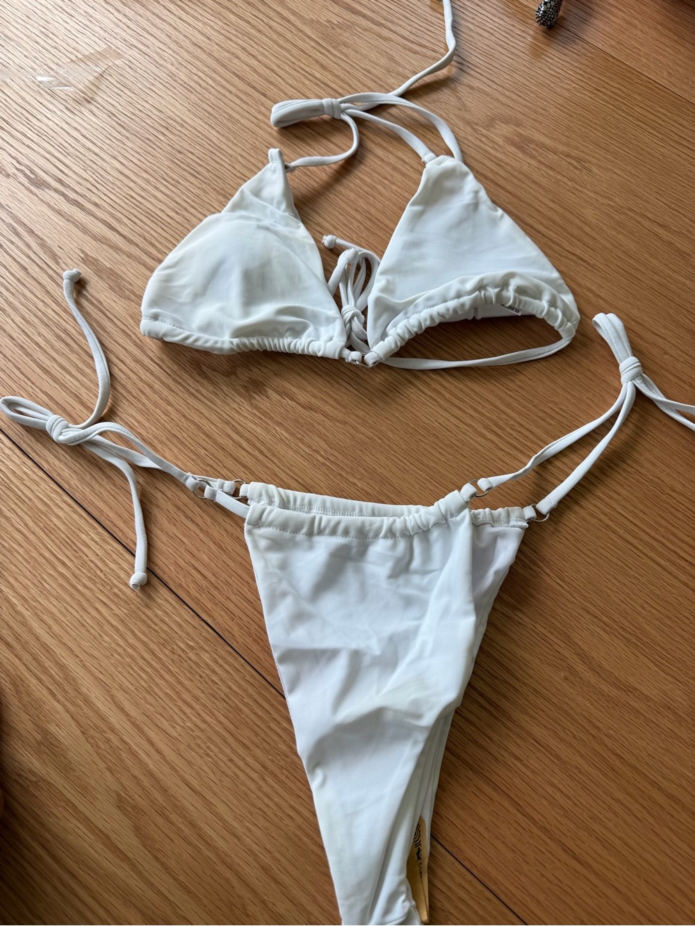 White Tie-String Triangle Bikini Top and Bottom - Women Swim